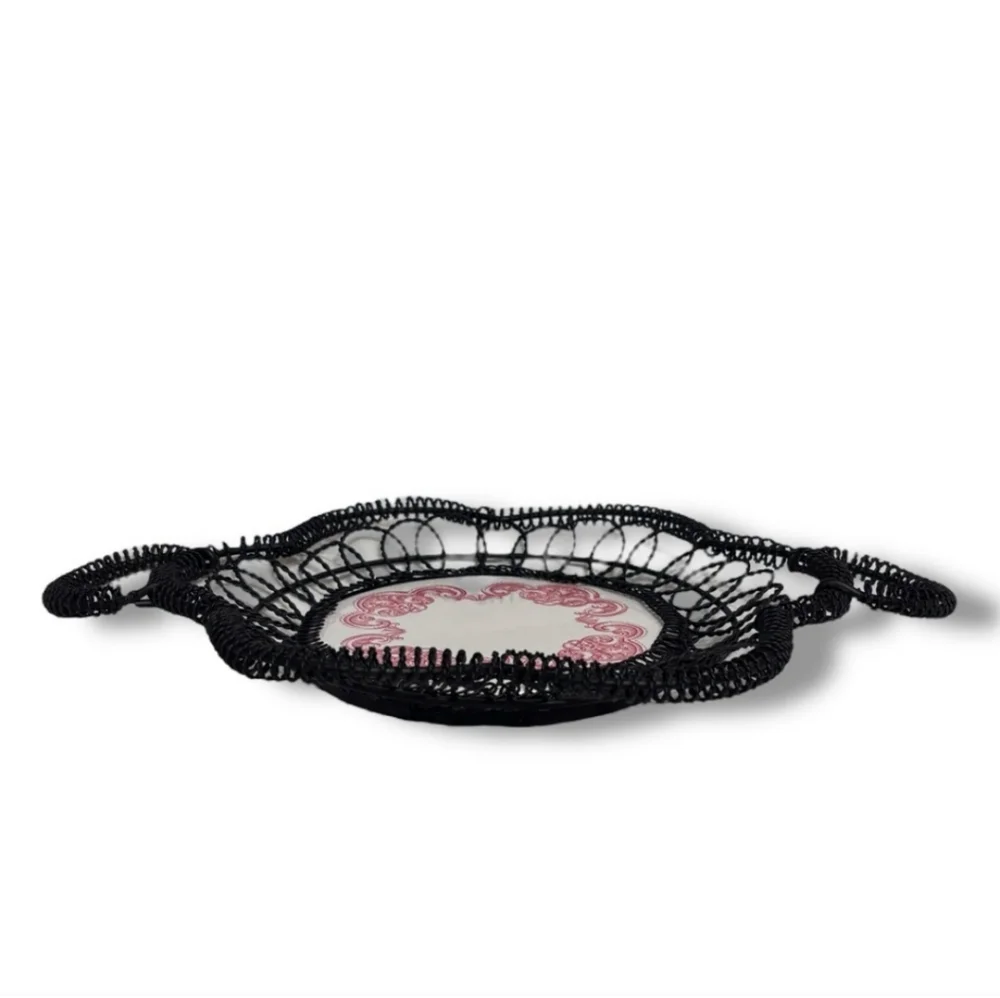 VINTAGE Black Coiled Wire Basket Ivory Ceramic Base Red Scrollwork Design